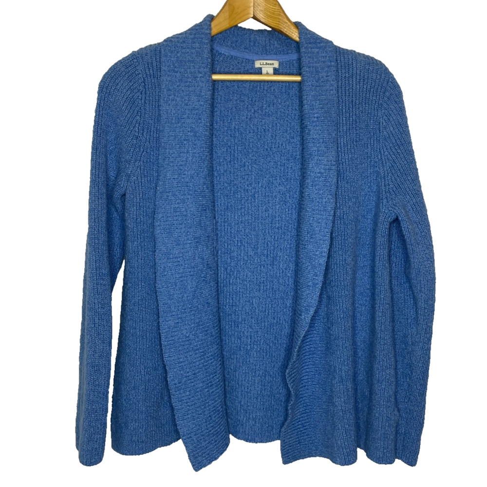 Women's Large L.L.Bean Blue Cotton Open Knit Shawl Collar Cardigan Sweater